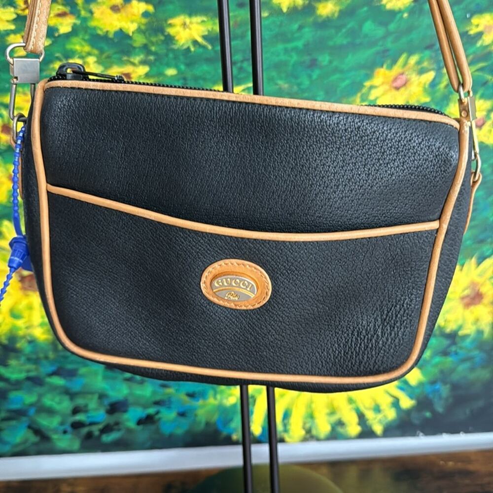 Vintage Gucci Plus Black Leather Crossbody Bag 1980's Paolo Gucci